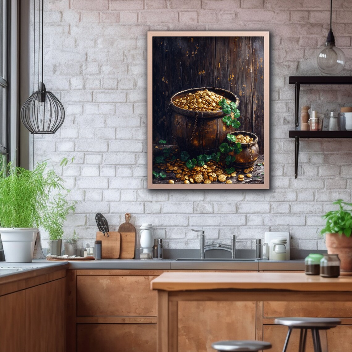 Leprechaun Bucket Of Gold Coins Shamrock Still Life Painting Poster - Image 2
