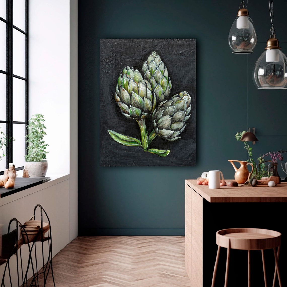 Moody Artichoke Print Kitchen Wall Decor Dark Still Life Painting Rustic Farmhouse Vegetable Wall Art - Image 4
