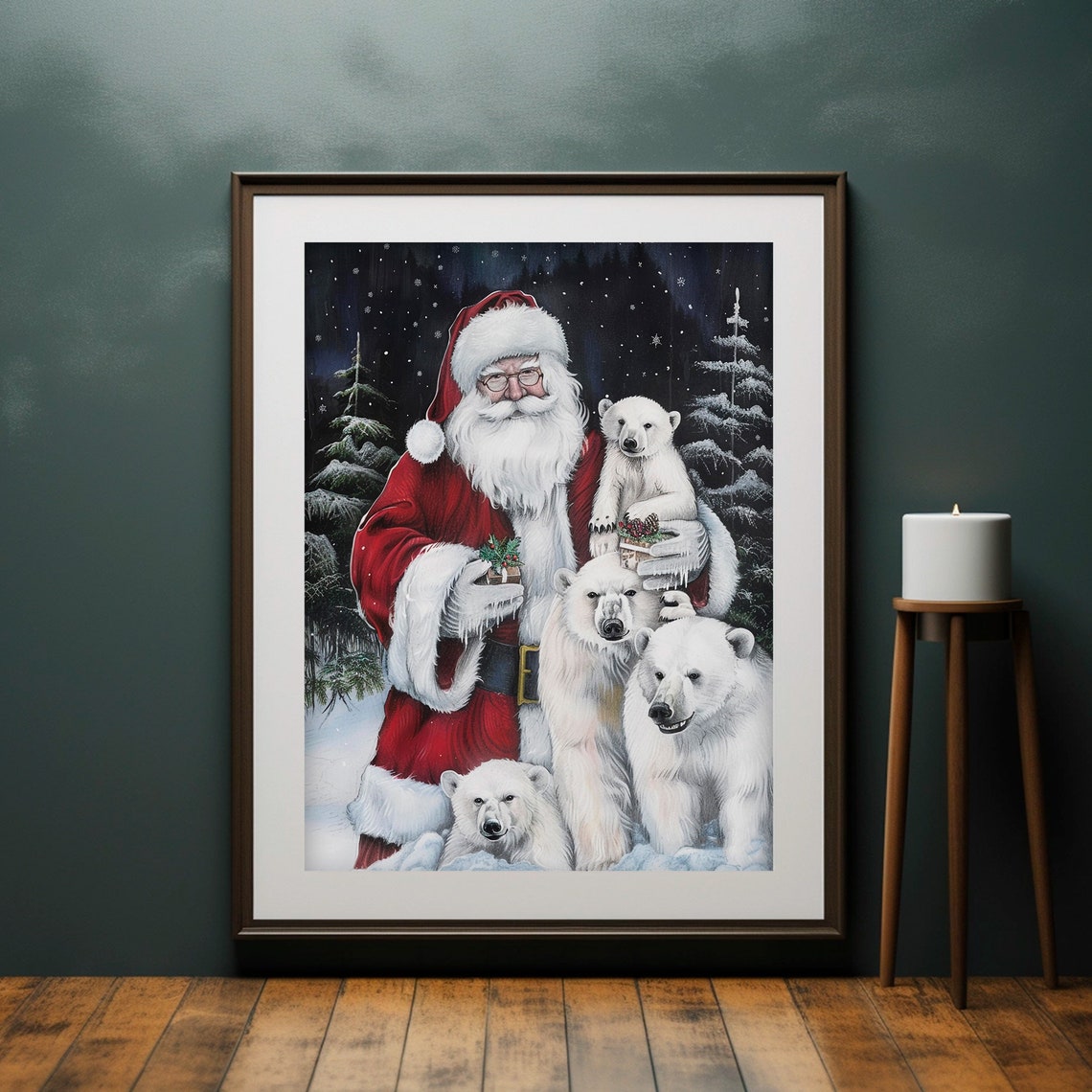 Santa Claus Polar Bear Cubs Snowy Forest Christmas Painting Poster - Image 5