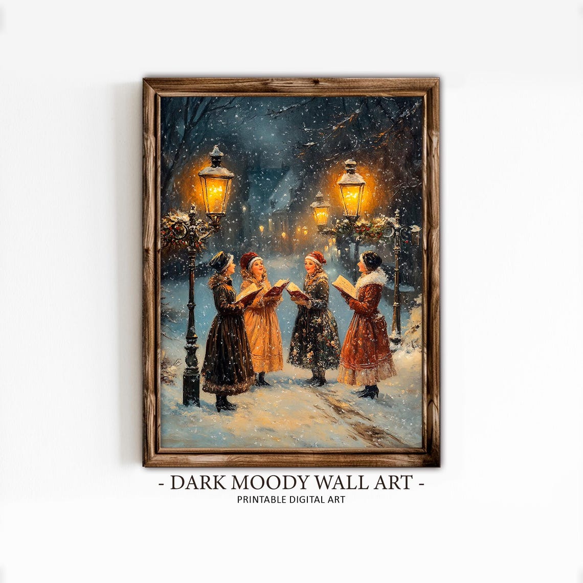 Women Caroling Under Lampposts Snowy Night Christmas Wall Art