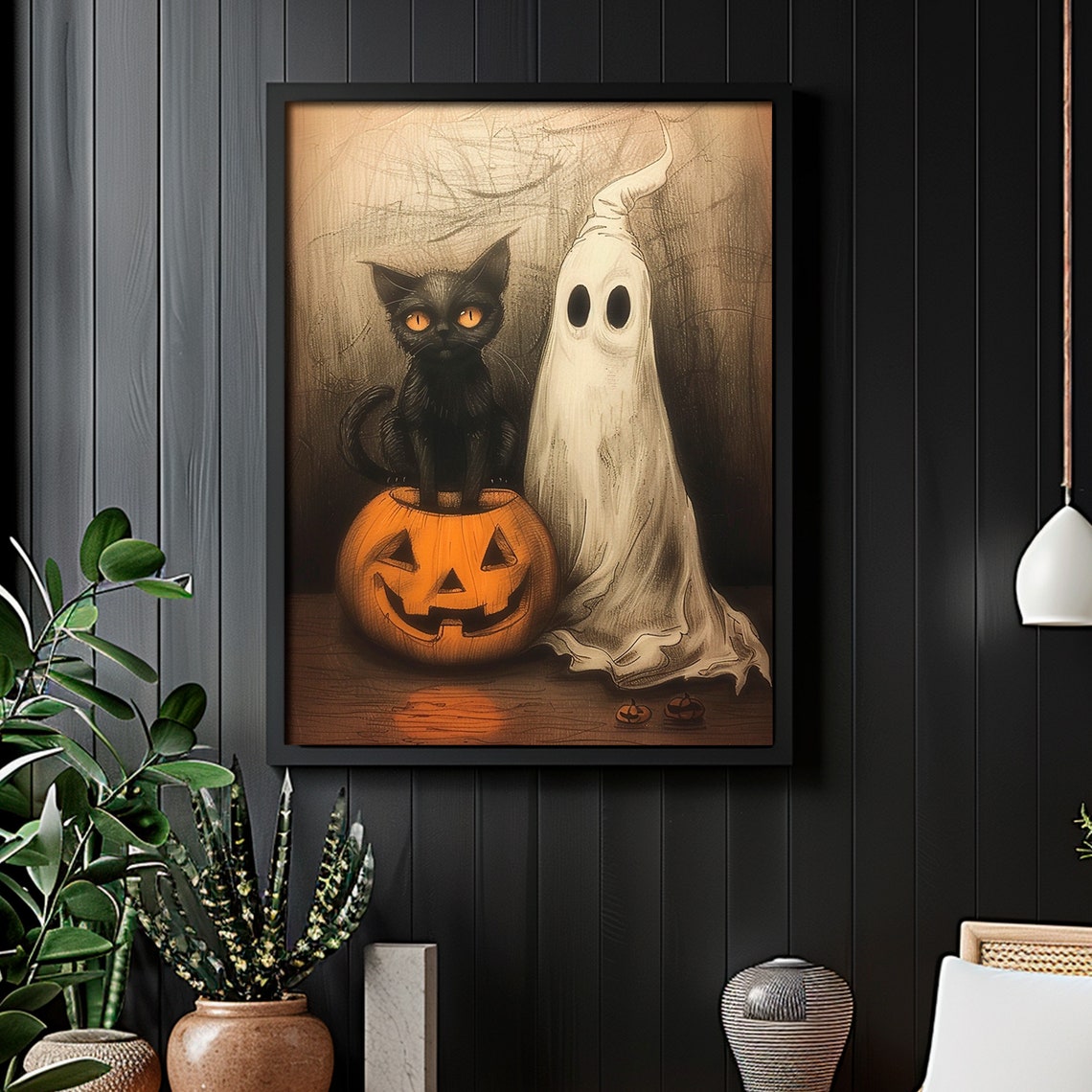 Black Cat Pumpkin Ghost Halloween Painting Jack O Lantern Cute Poster - Image 4