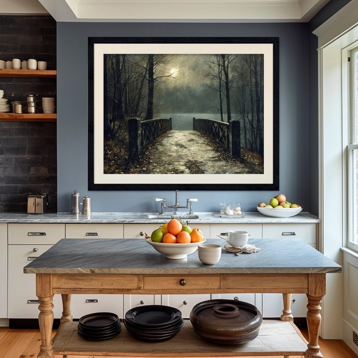 Moonlit Wooden Bridge Over a Dark Lake Night Landscape Painting Poster - Image 2