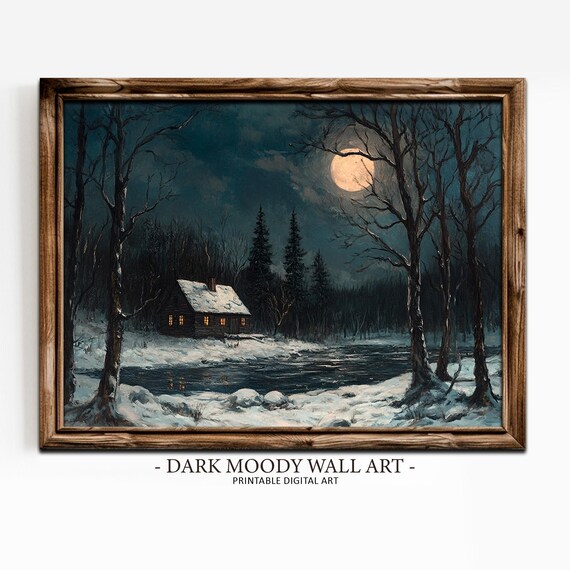 Moonlit Snowy Cabin by the River Winter Night Painting Poster