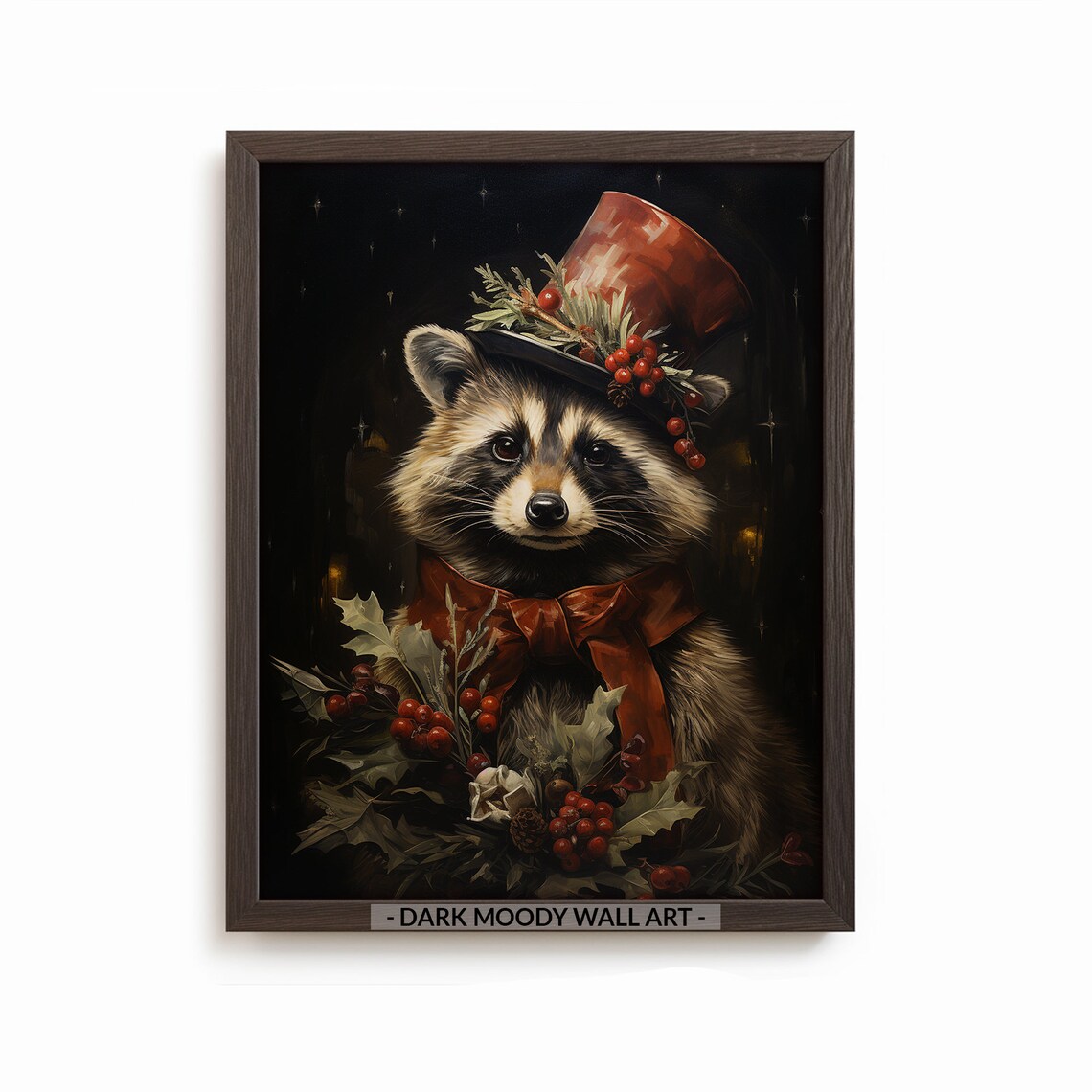 Vintage Christmas Raccoon Art Print, Festive Decor