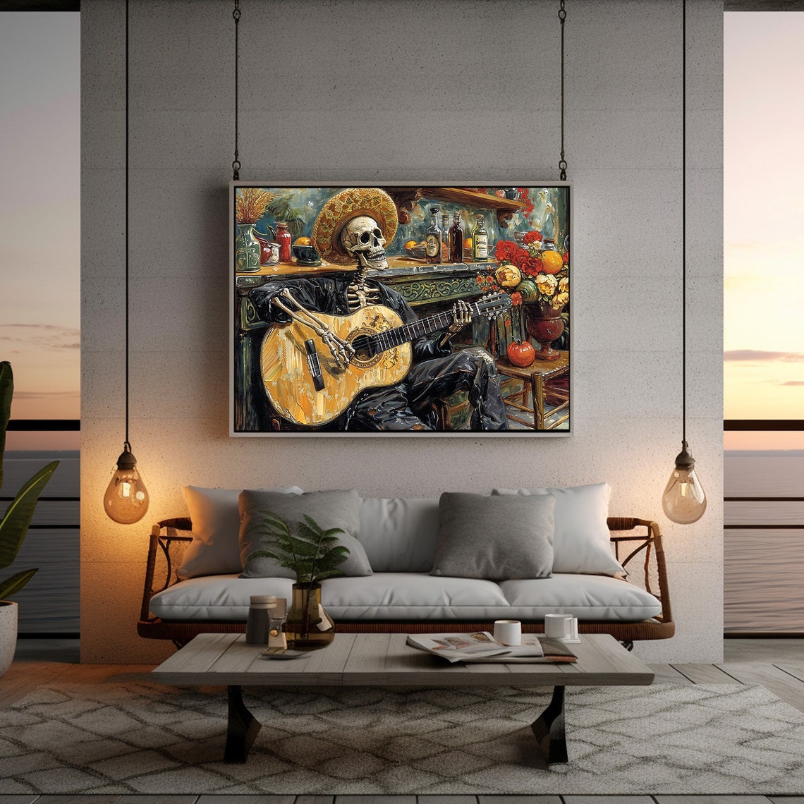 Mexican Skeleton Guitar Player Sombrero Cantina Folk Art Poster - Image 4