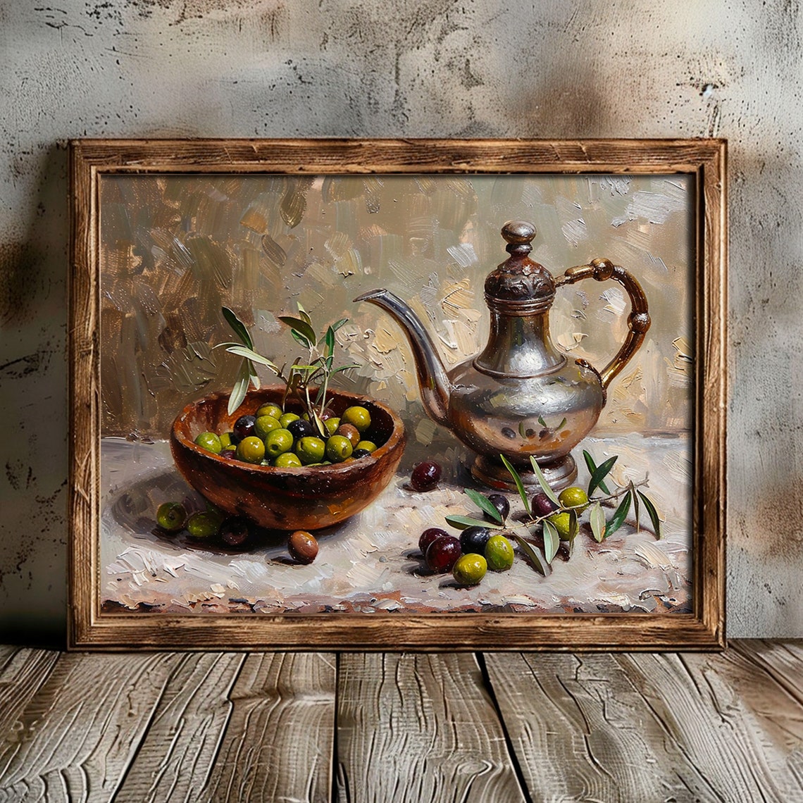 Olive Bowl Antique Silver Teapot Branch Rustic Still Life Art Poster - Image 2