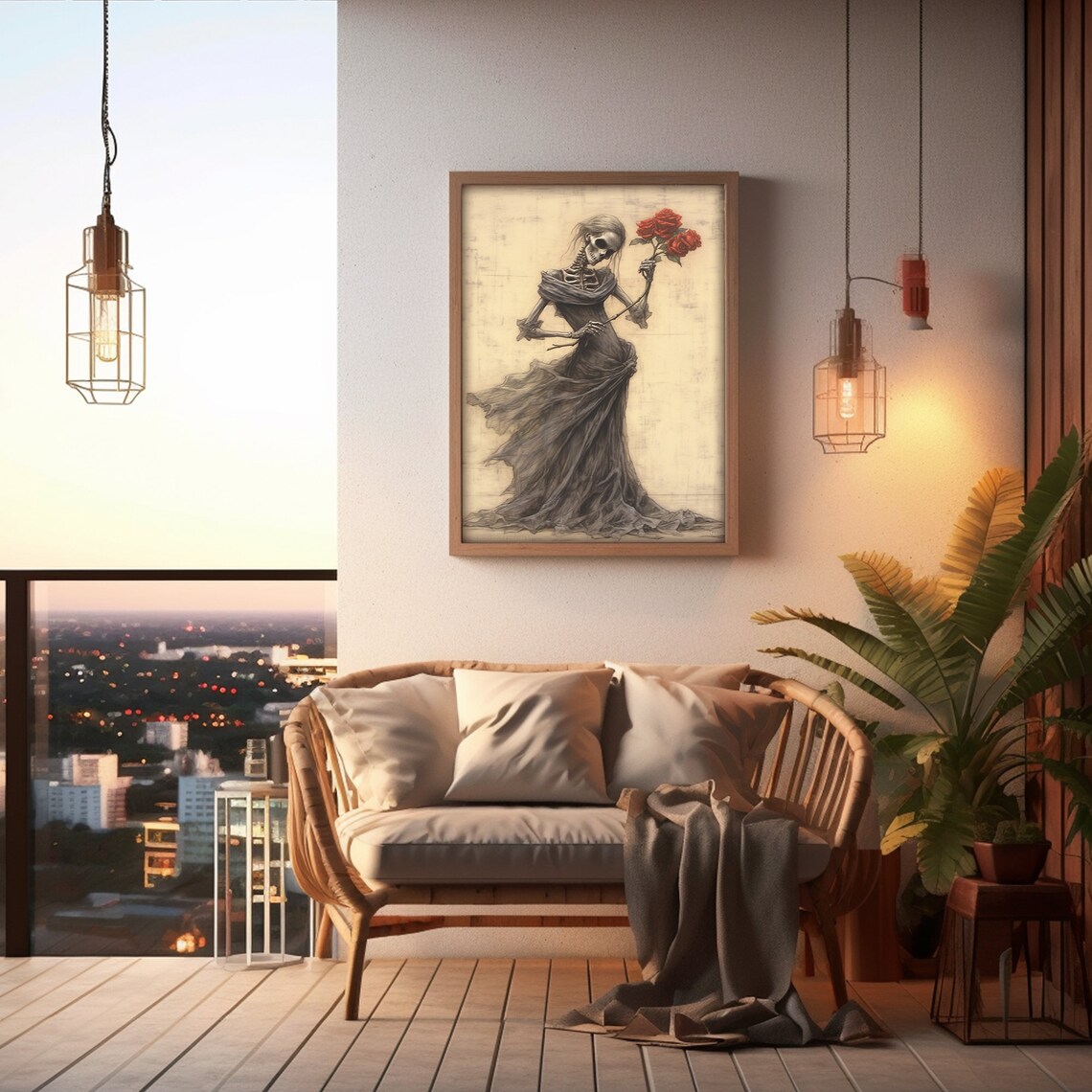 Skeleton Lady in Dark Gown Holding Red Roses Gothic Halloween Painting Poster - Image 4