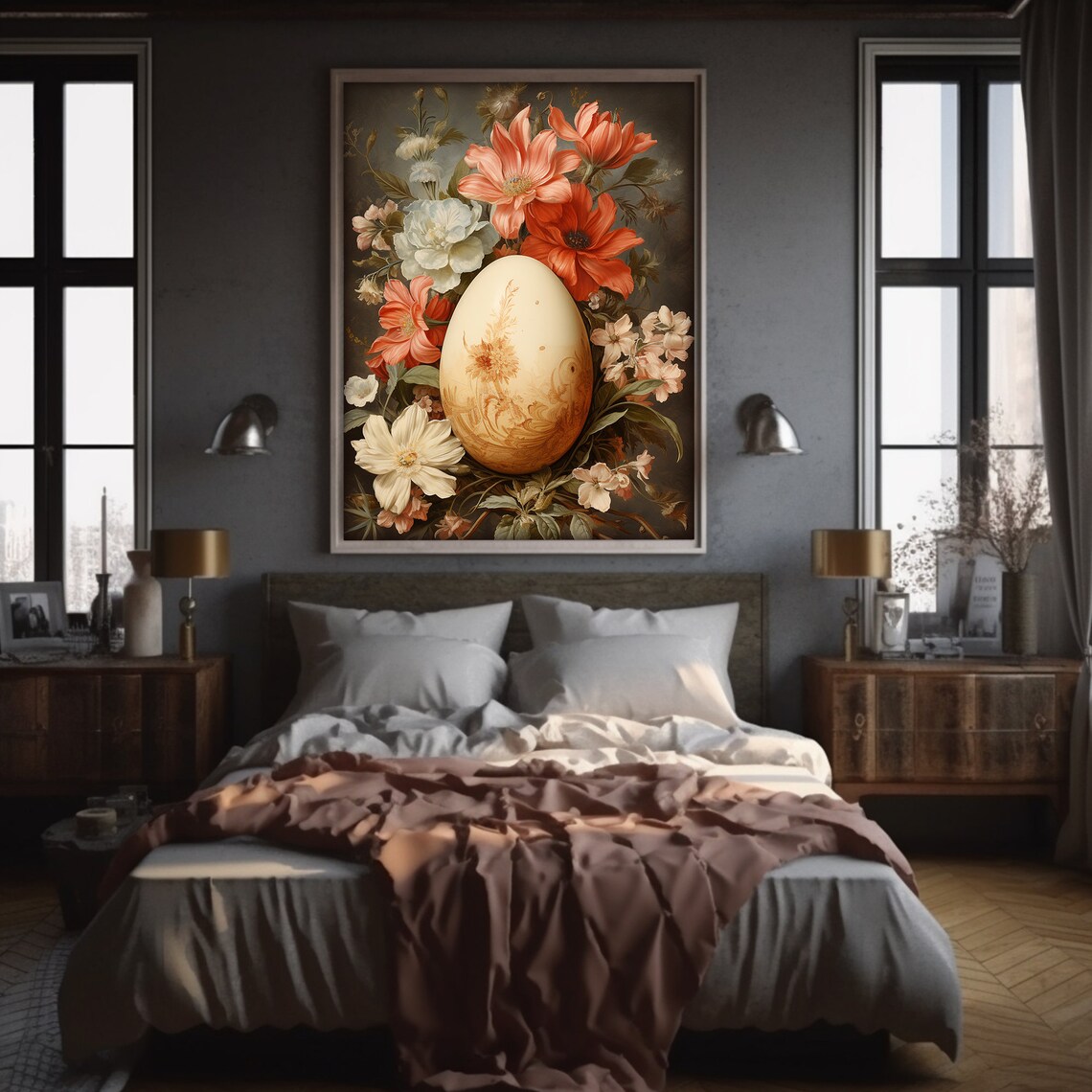 Easter Egg Print, Spring Moody Flower Basket Painting - Image 3