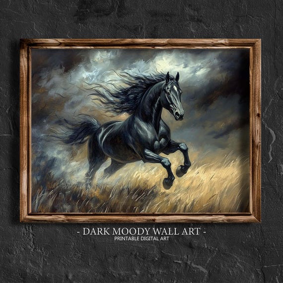 Black Horse Painting Moody Landscape Print Horse Dark Cottagecore Art Rustic Wall Decor