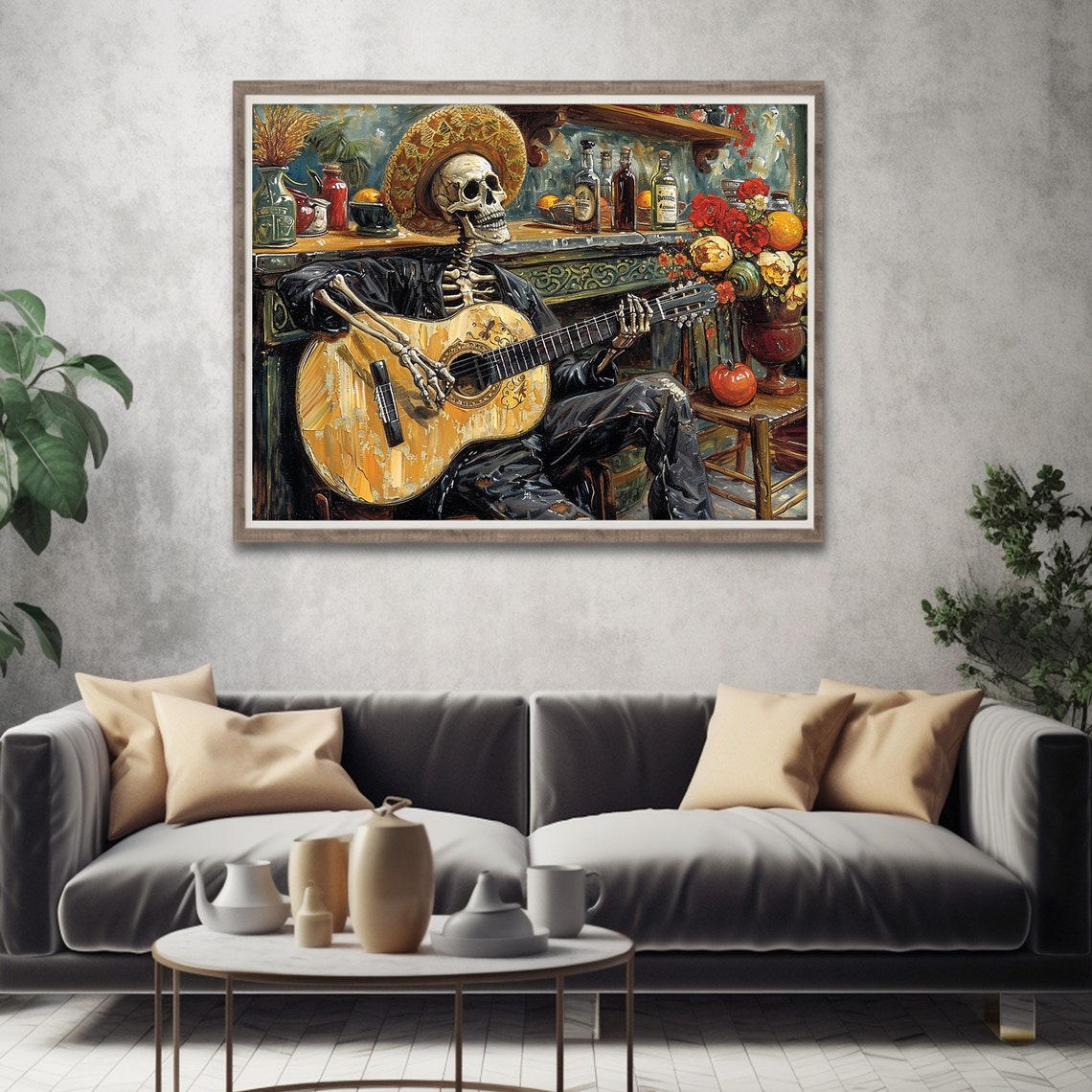 Mexican Skeleton Guitar Player Sombrero Cantina Folk Art Poster - Image 5