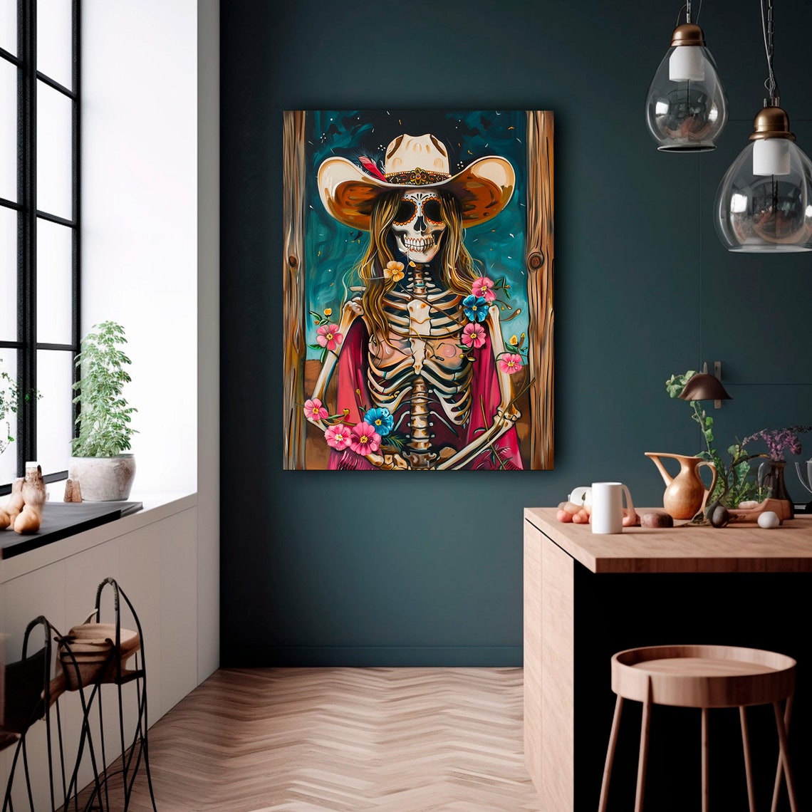 Skeleton Cowgirl Catrina Pink Poncho Flowers Teal Night Art Print - Image 2