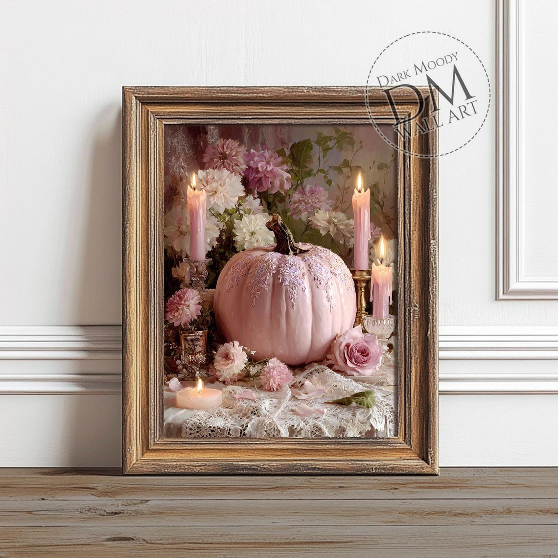 Pink Pumpkin Floral Still Life Pink Candles Halloween Wall Art
