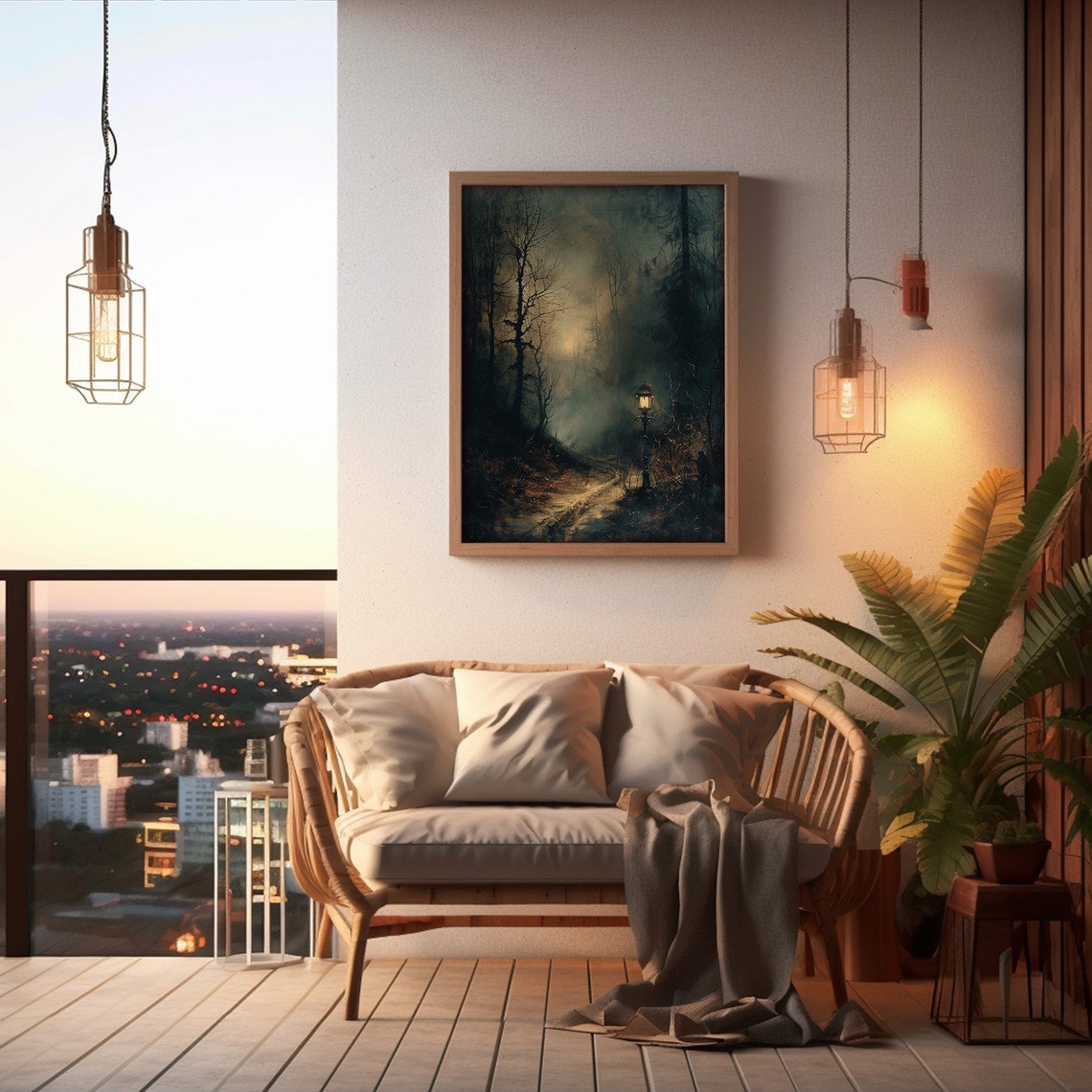 Foggy Forest Night Lantern Post Dark Moody Woods Painting Poster - Image 4