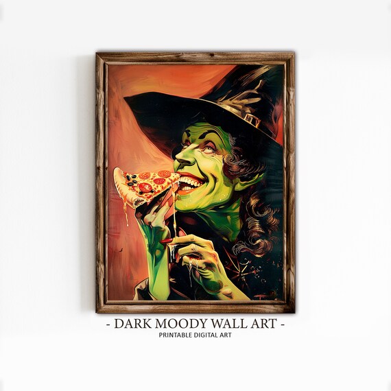 Green Witch Eating Pizza Slice Funny Retro Halloween Art Poster