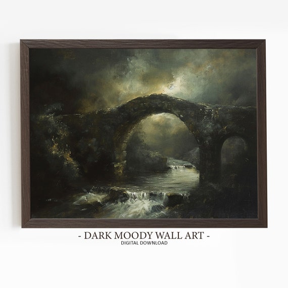 Moody Bridge Painting River Bridge Print Dark Moody Art Moody Night Landscape Art Wall Art
