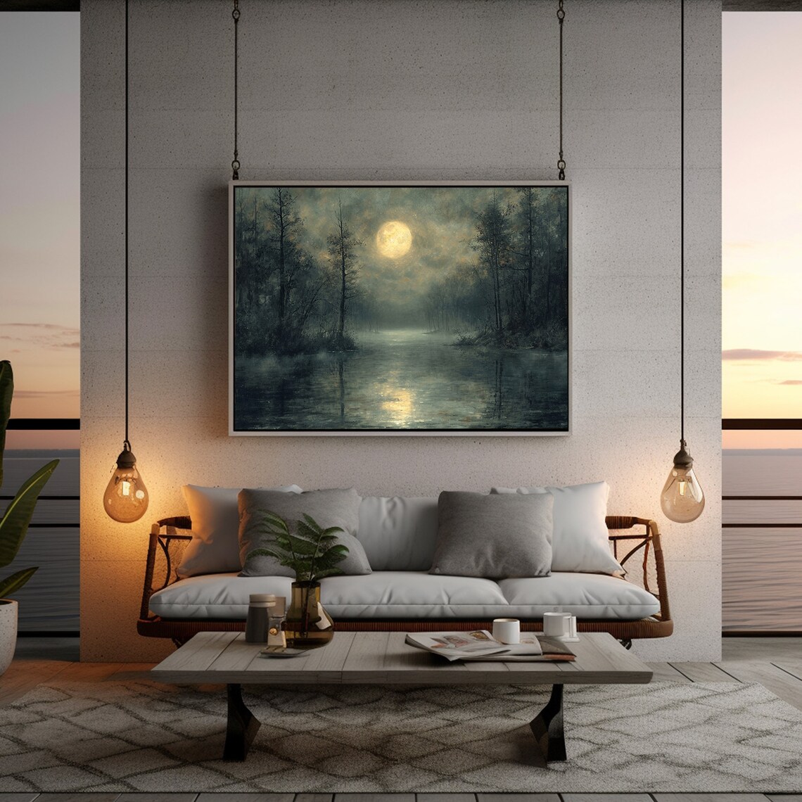 Dark Moonlight Moody Forest Landscape, Rustic Decor - Image 4