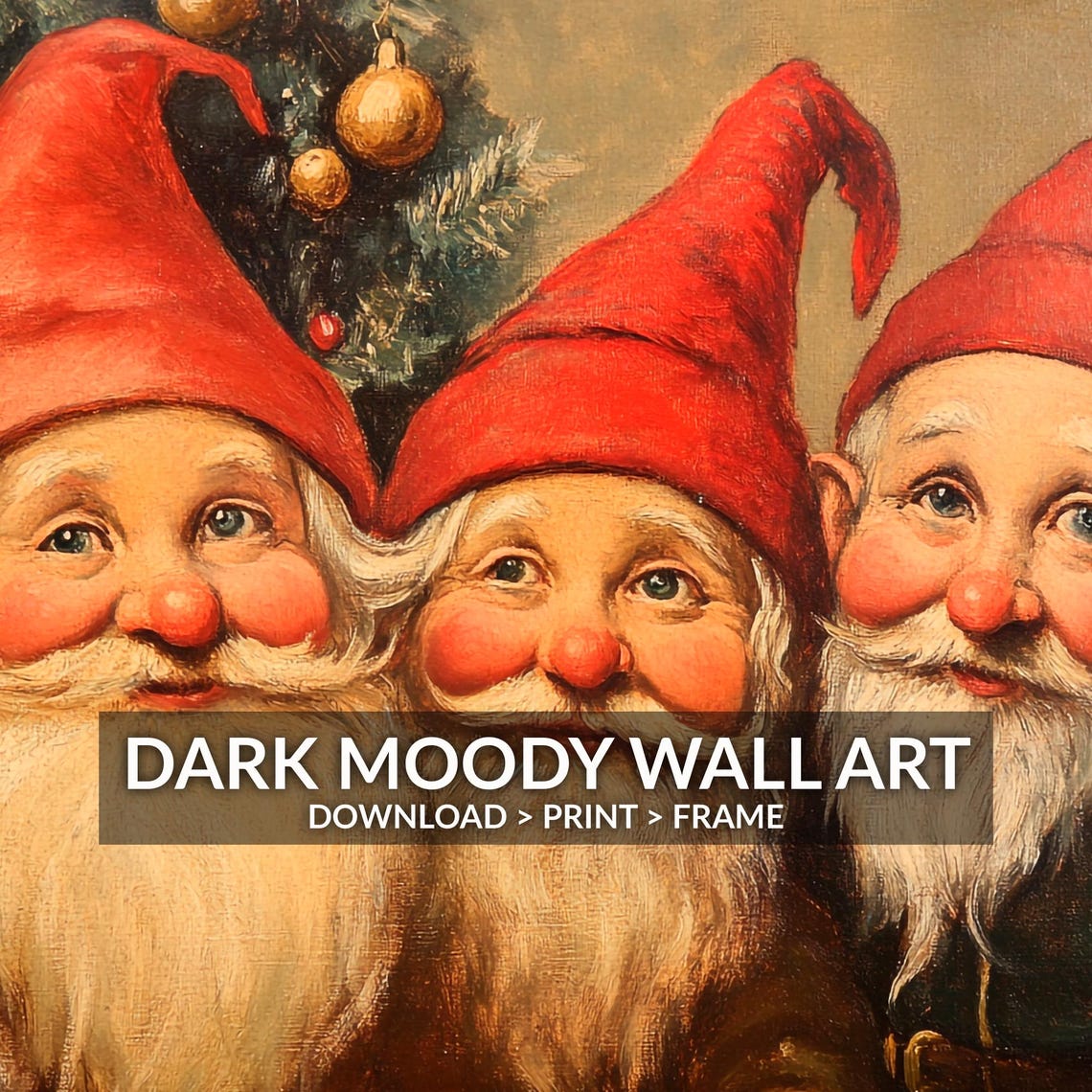 Three Cheerful Christmas Gnomes With Red Hats Vintage Wall Art - Image 4