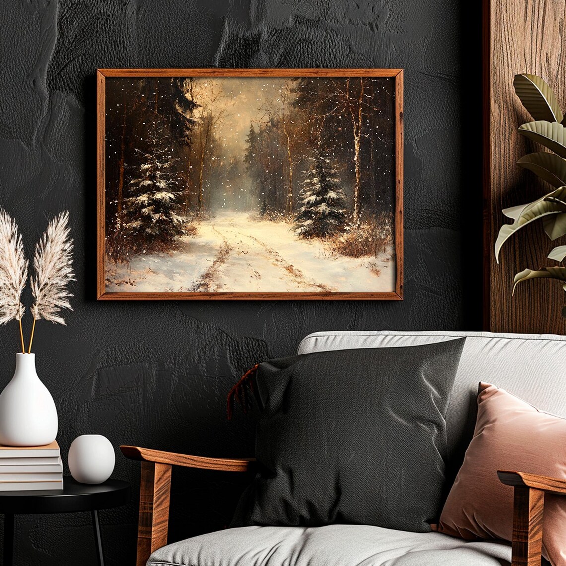 Vintage Moody Snowy Dark Forest Landscape Print - Image 6