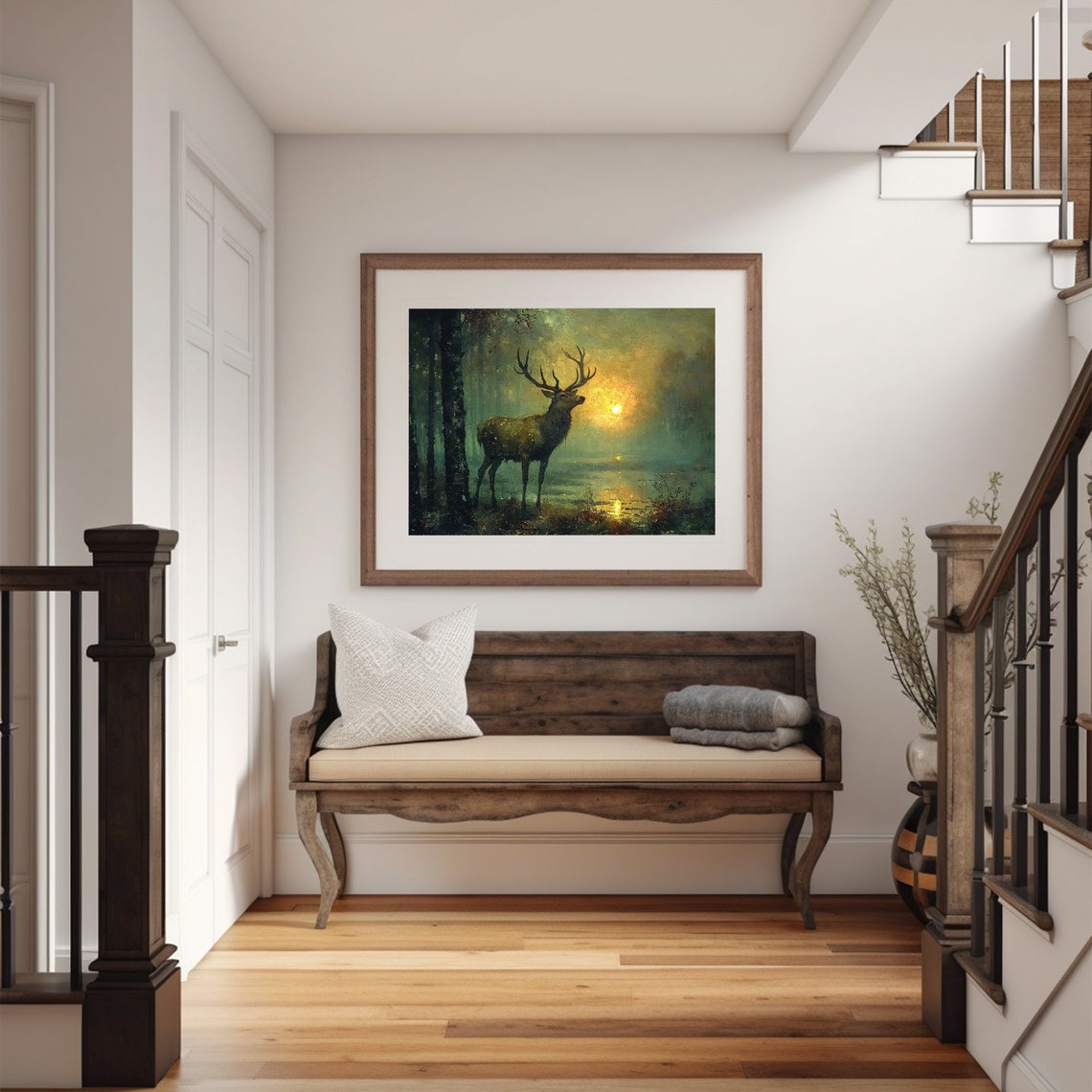 Stag With Antlers Foggy Forest Sunrise Dark Moody Painting Poster - Image 2