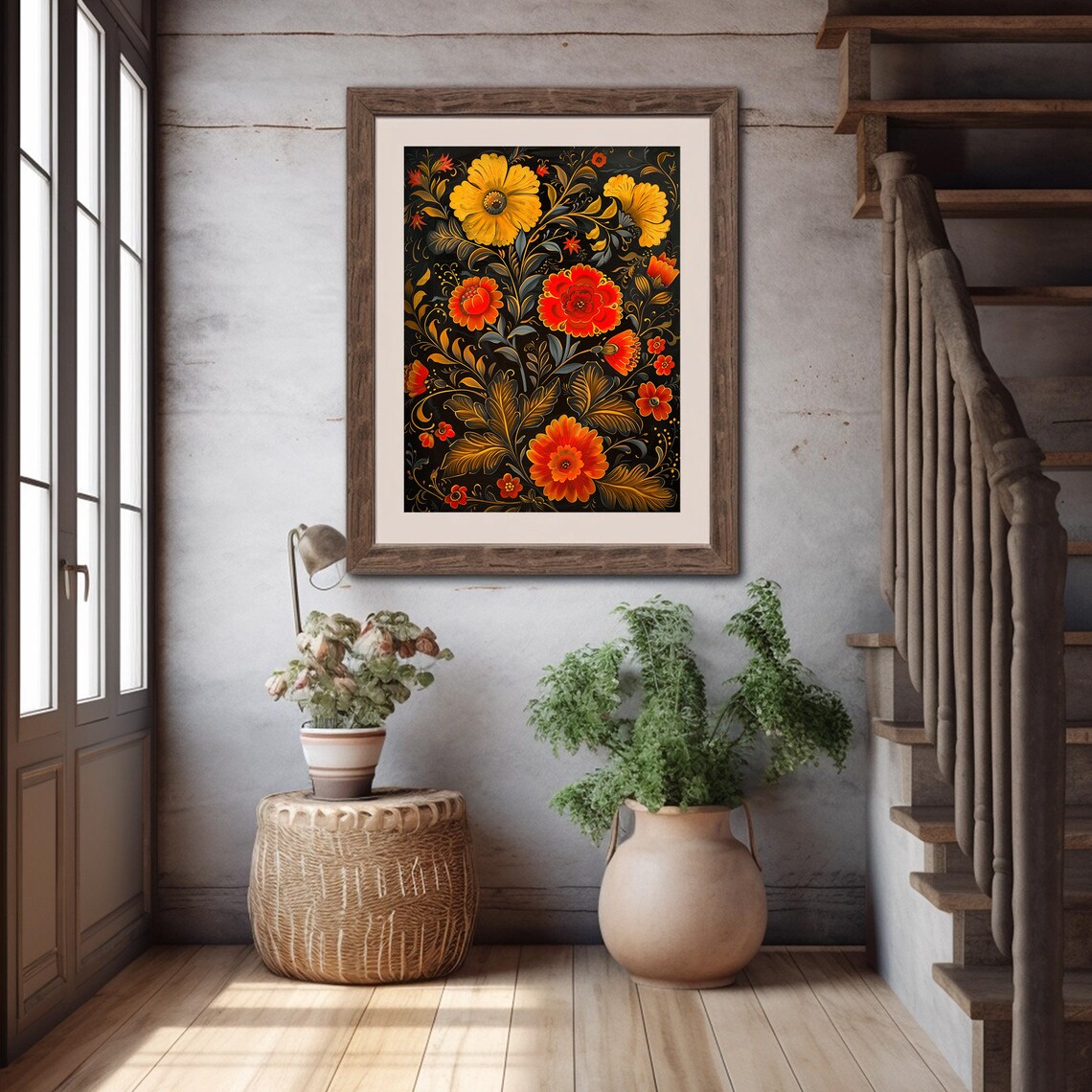 Russian Khokhloma Folk Floral Pattern Black Gold Art Decor Poster - Image 4