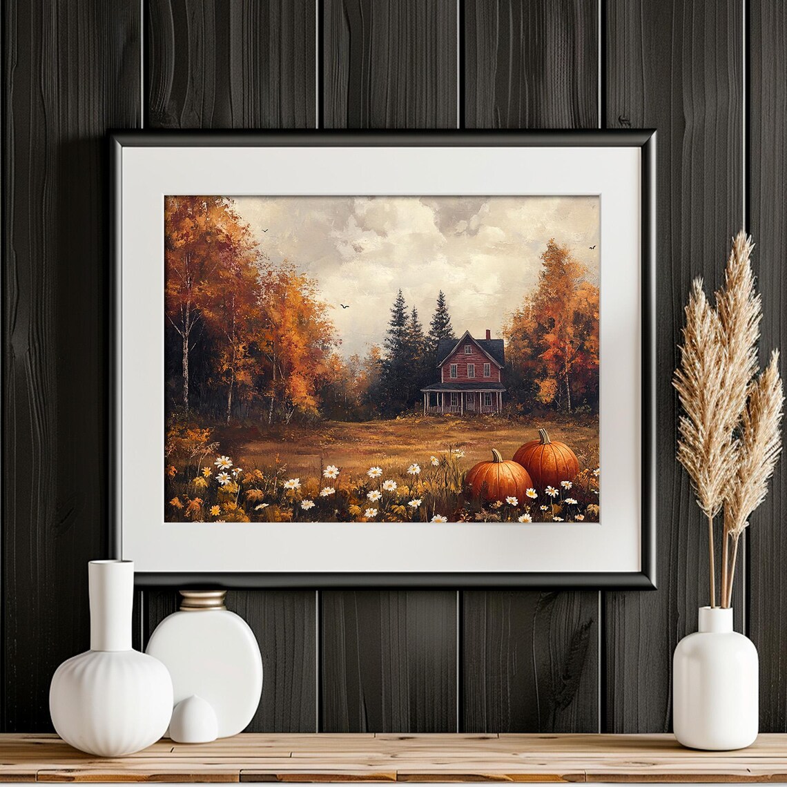 Red Farmhouse in Autumn Landscape With Pumpkins Daisies Country Fall Poster - Image 6