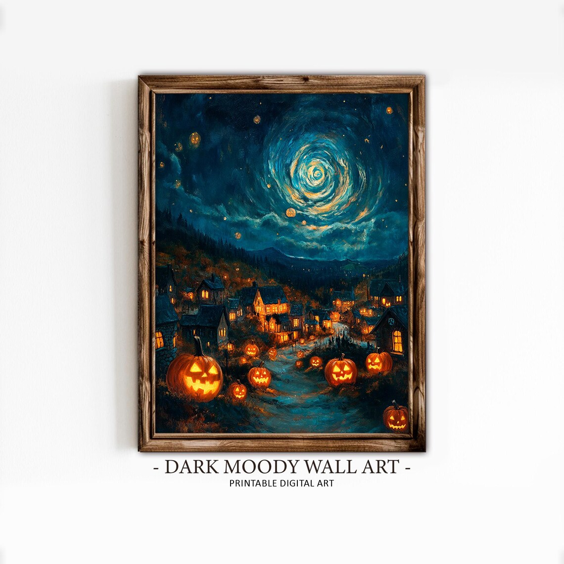 Halloween Village With Glowing Jack-o-Lanterns Under Swirling Night Sky Poster - Image 2