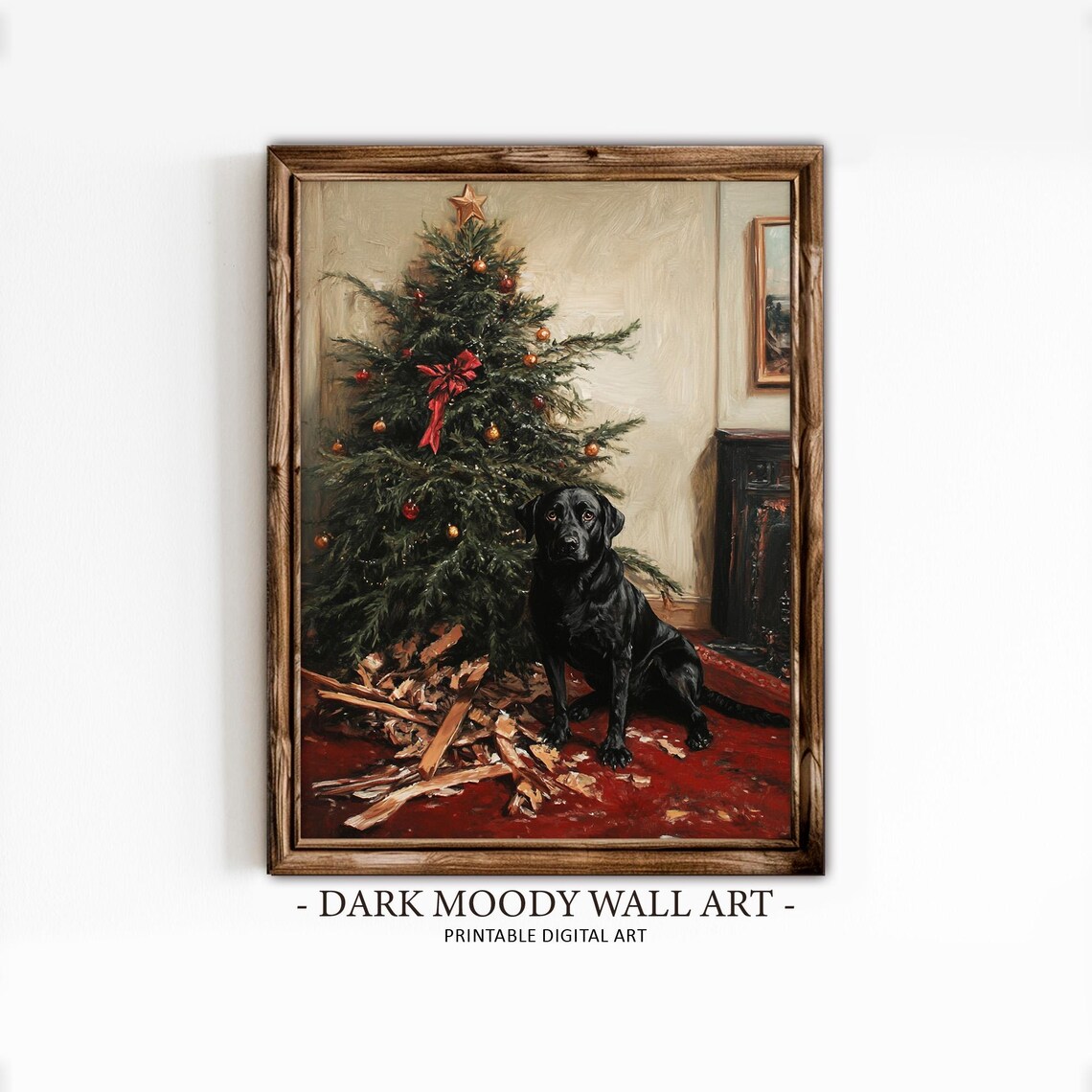 Christmas Dog Print, Vintage Rustic Farmhouse Art Print