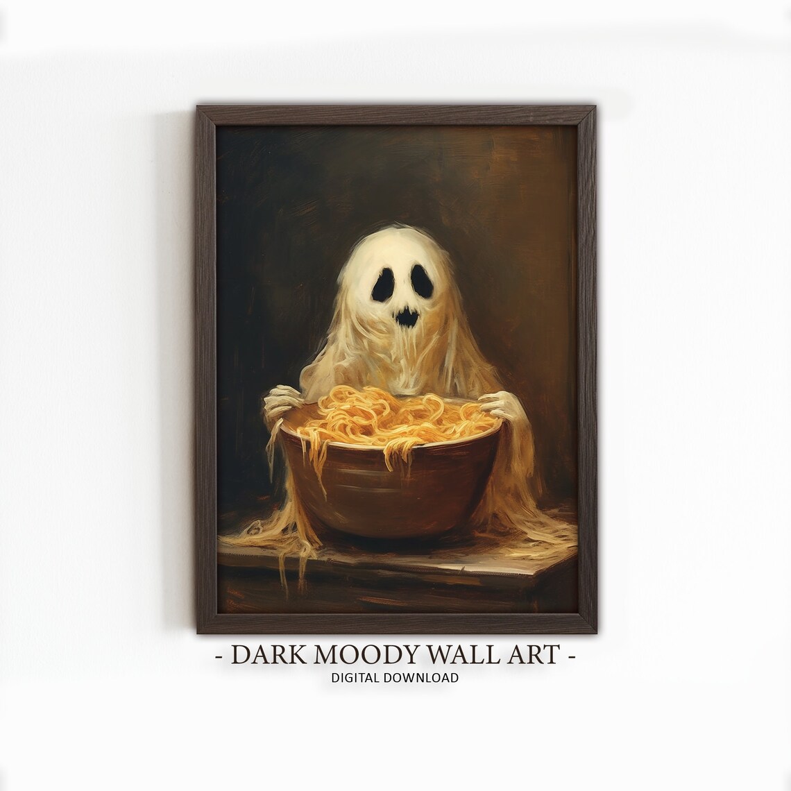 Cute Ghost Eating Spaghetti Art Print, Gothic Halloween