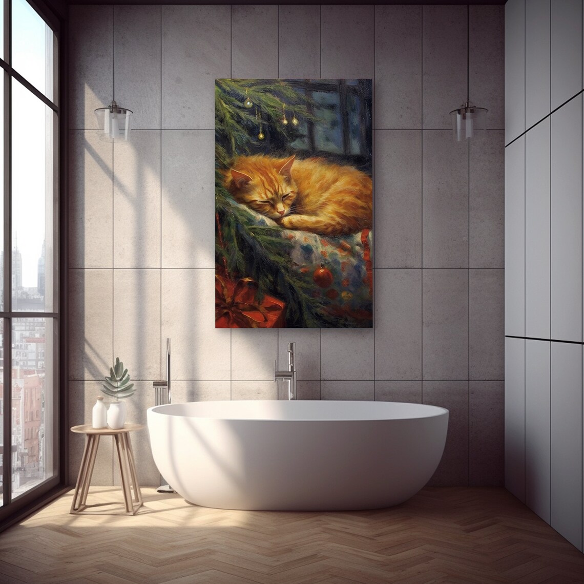 Sleeping Cat Painting, Vintage Christmas Art Print - Image 2