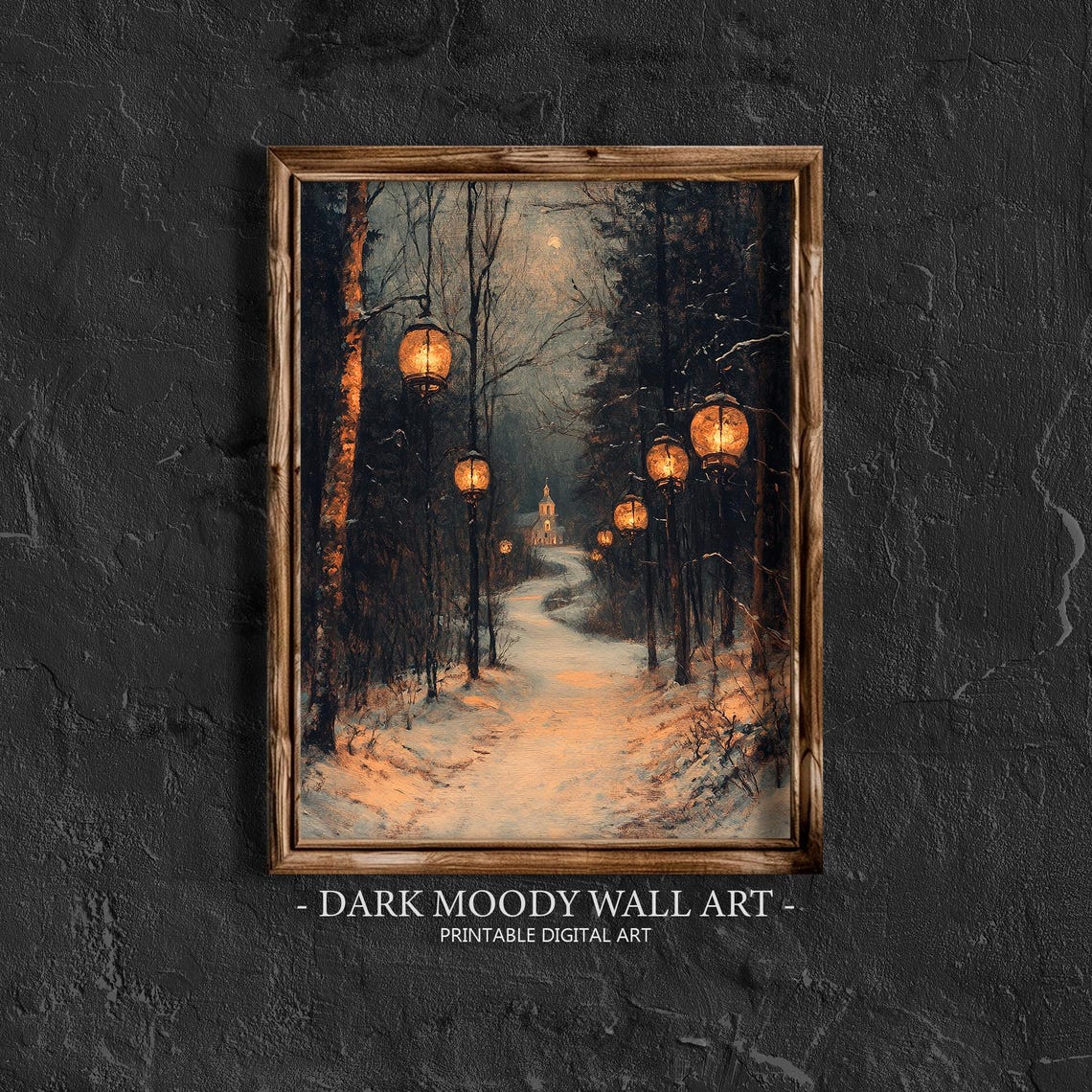 Lantern Lined Snowy Forest Path to Church Winter Night Poster