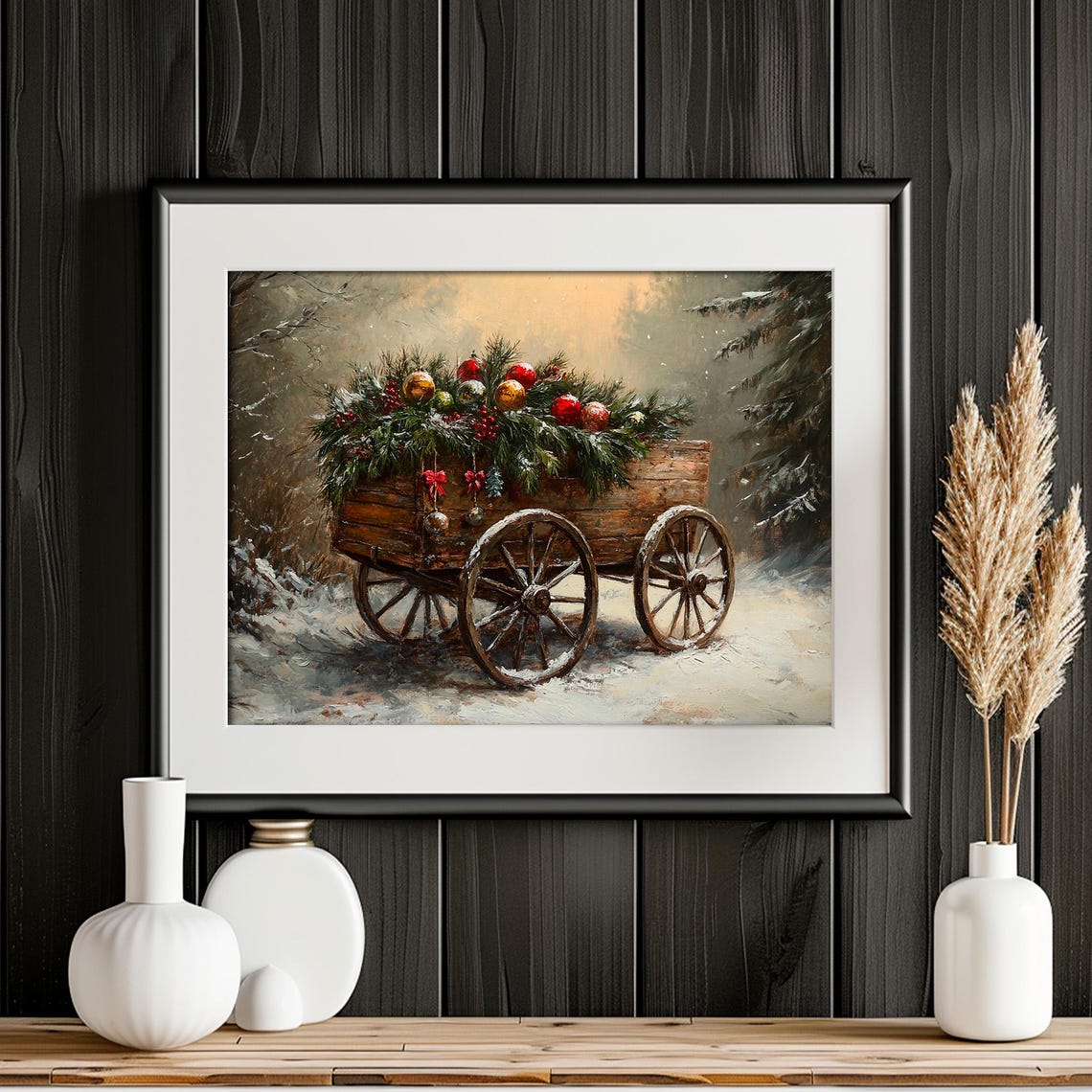 Wooden Wagon Loaded With Christmas Greenery and Ornaments Wall Art - Image 2