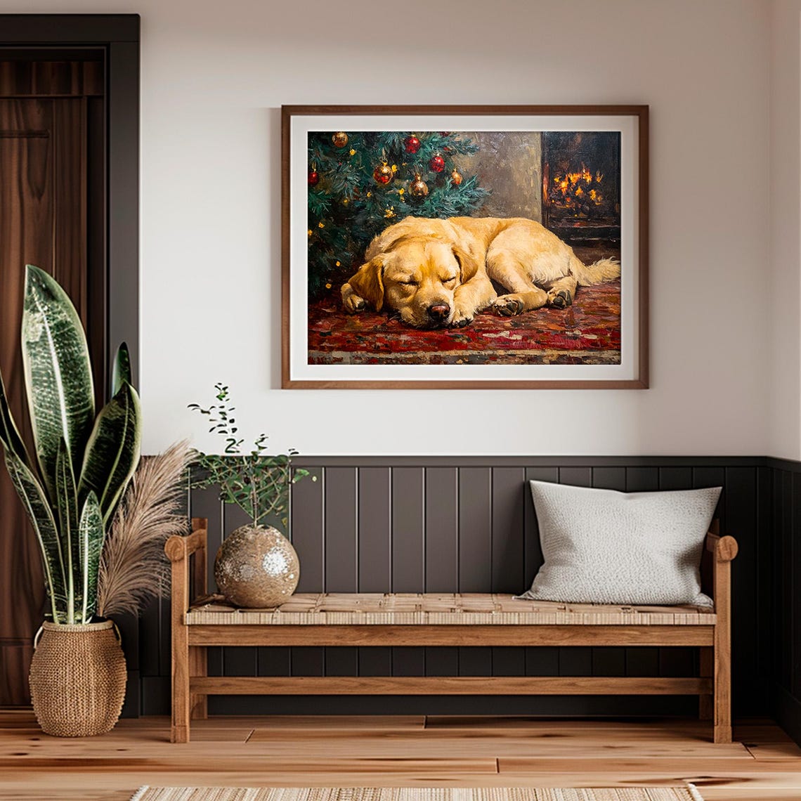 Golden Retriever Sleeping by Christmas Tree Fireplace Painting Poster - Image 2