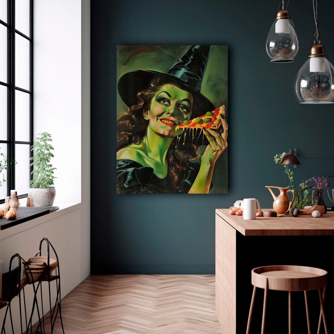 Green Witch Eating Pizza Funny Retro Halloween Pinup Art Print - Image 2