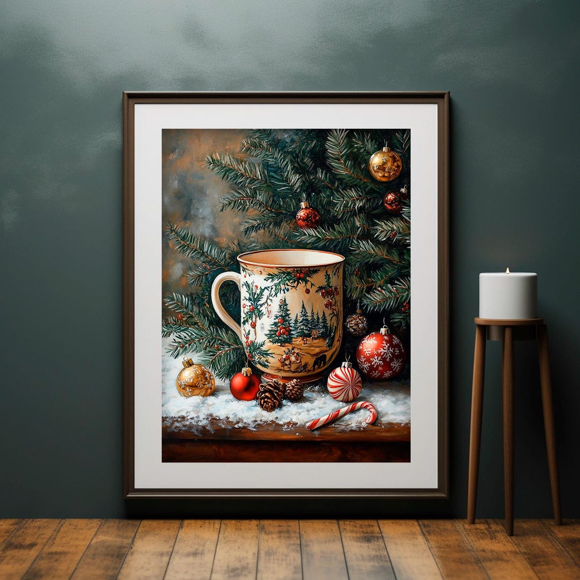 Christmas Mug With Ornaments and Candy Cane on Snowy Sill Wall Art - Image 4