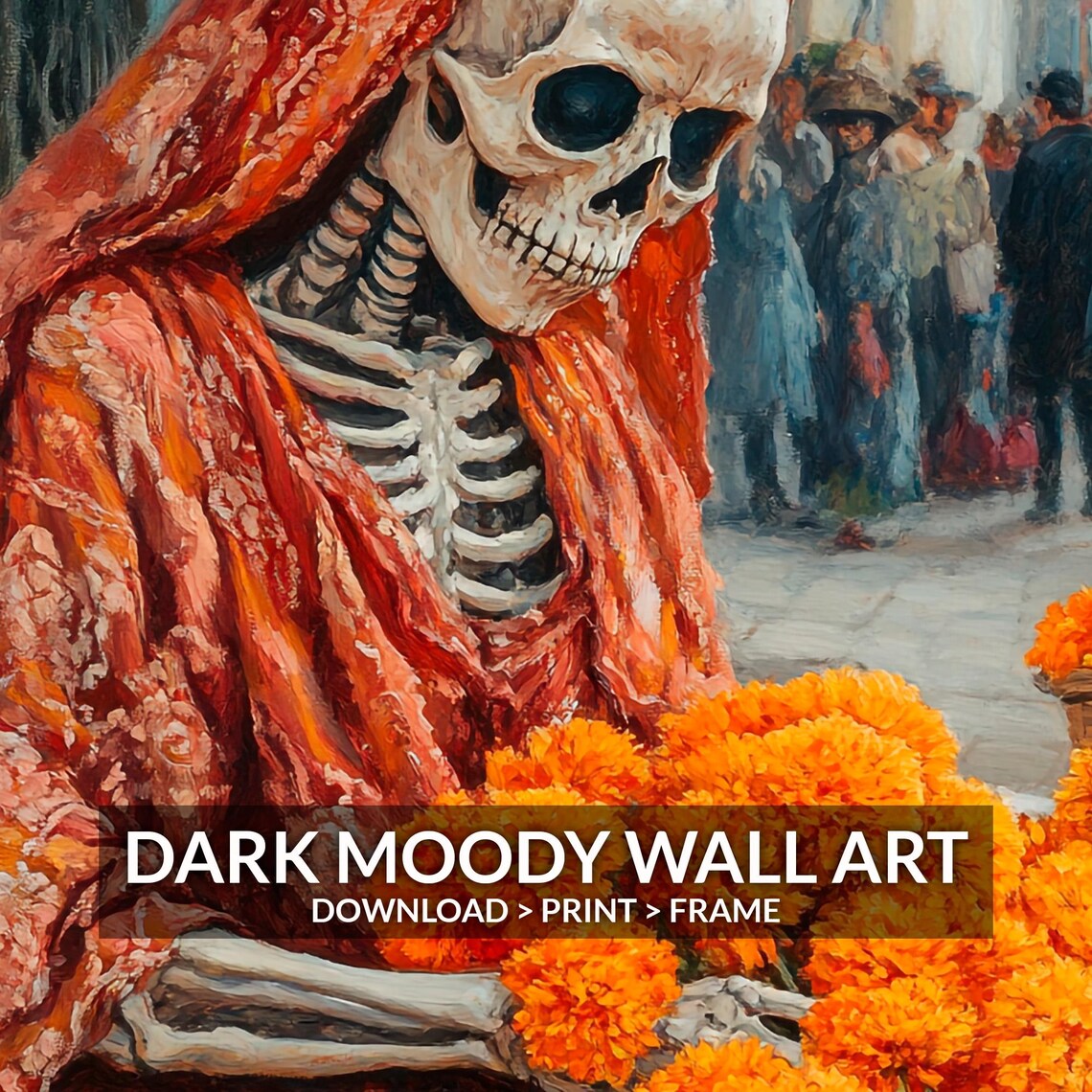 Day of the Dead Skeleton Flower Seller Marigolds Mexican Market Portrait Poster - Image 6