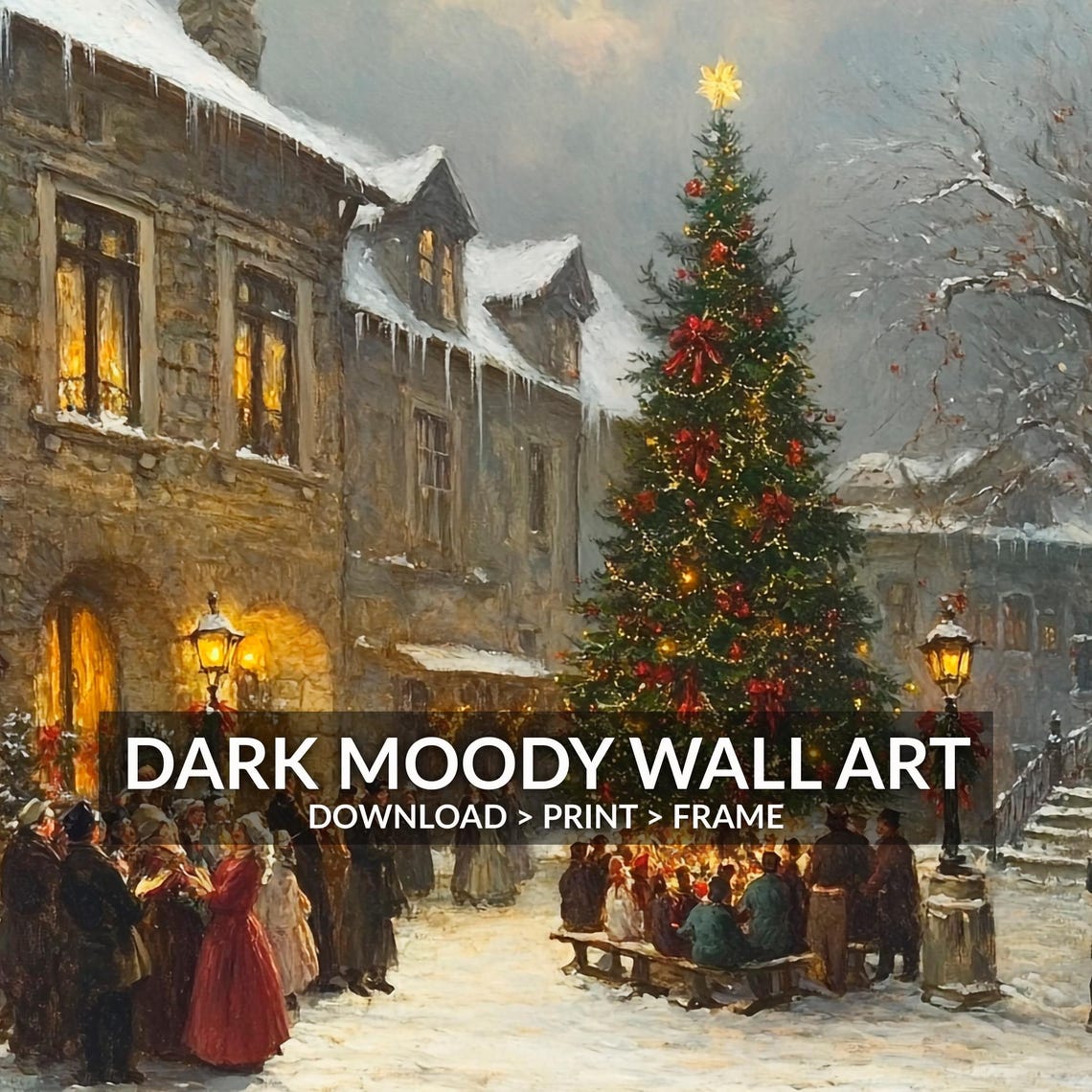 Crowd Around Big Christmas Tree In Snowy Town Square Vintage Wall Art - Image 6