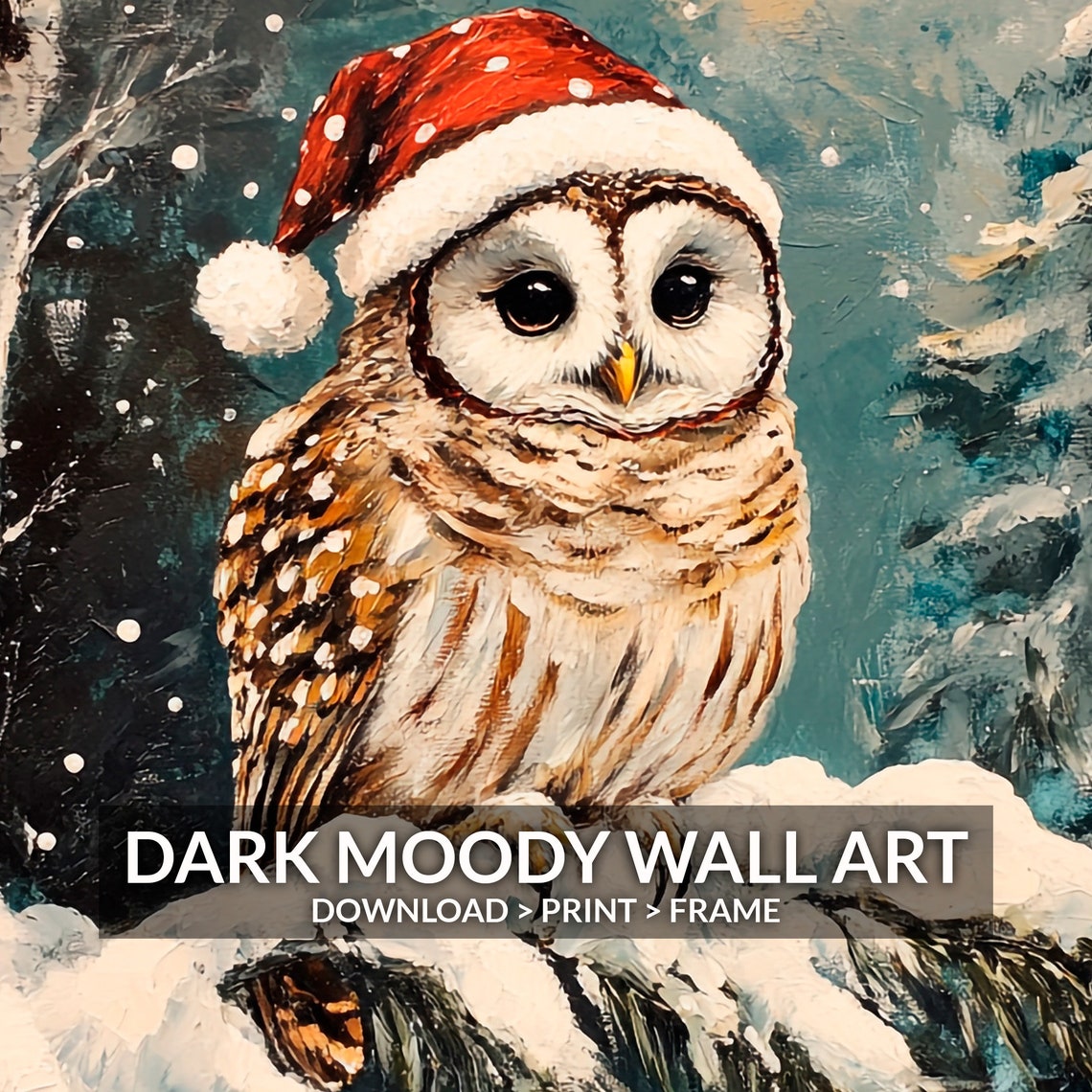 Christmas Owl Santa Hat Snowy Moonlit Forest Bird Painting Poster - Image 6