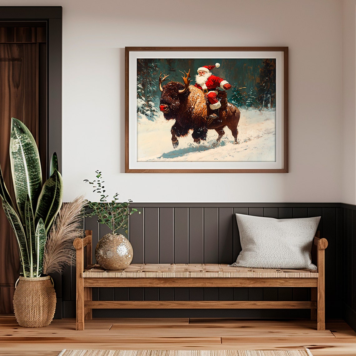 Santa Claus Riding a Buffalo Snowy Western Christmas Cowboy Poster - Image 3