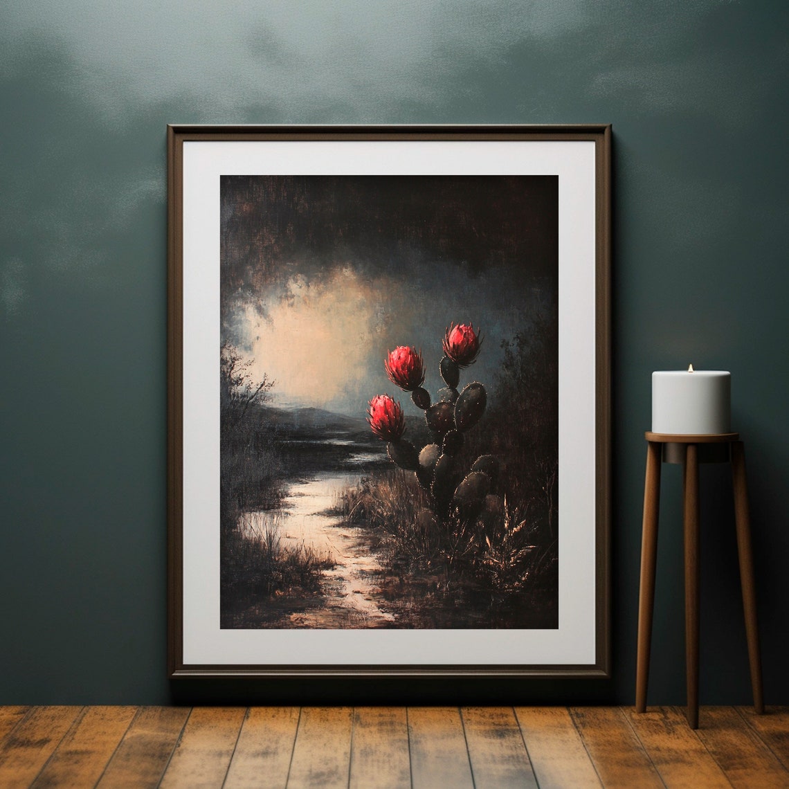 Flowering Prickly Pear Cactus Dusk Stream Landscape View Poster - Image 4