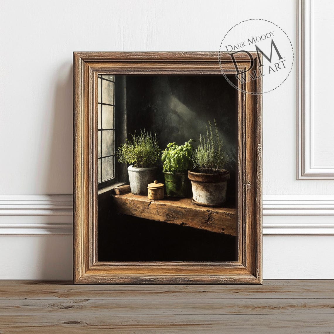 Kitchen Herb Pots Rustic Windowsill Moody Farmhouse Still Life Poster