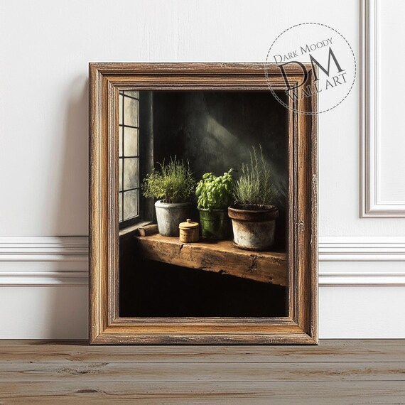 Kitchen Herb Pots Rustic Windowsill Moody Farmhouse Still Life Poster