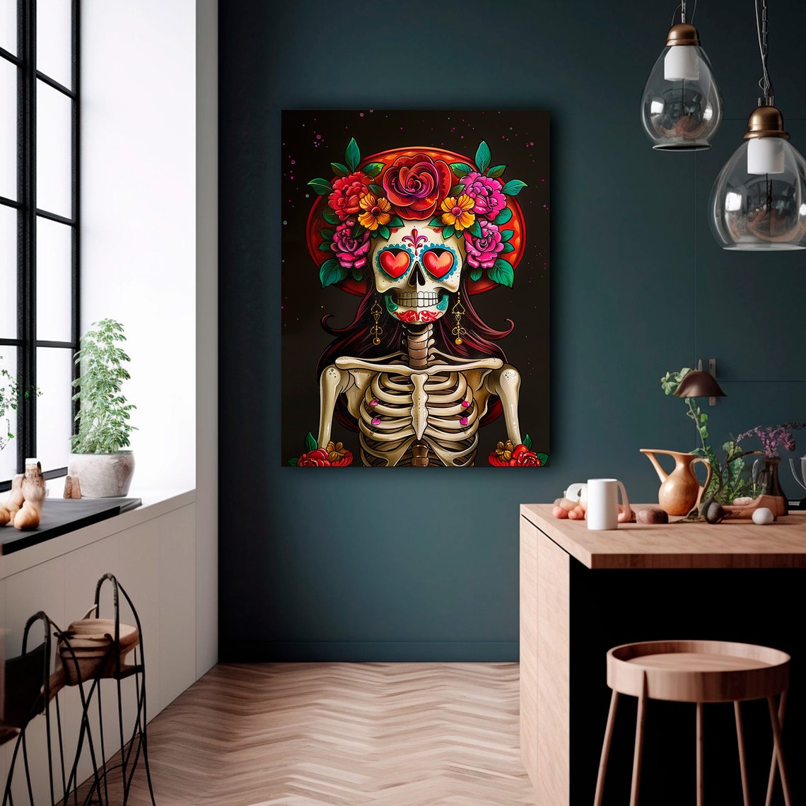 Day Of The Dead Catrina Skeleton Heart Eyes Flower Crown Art Print - Image 2