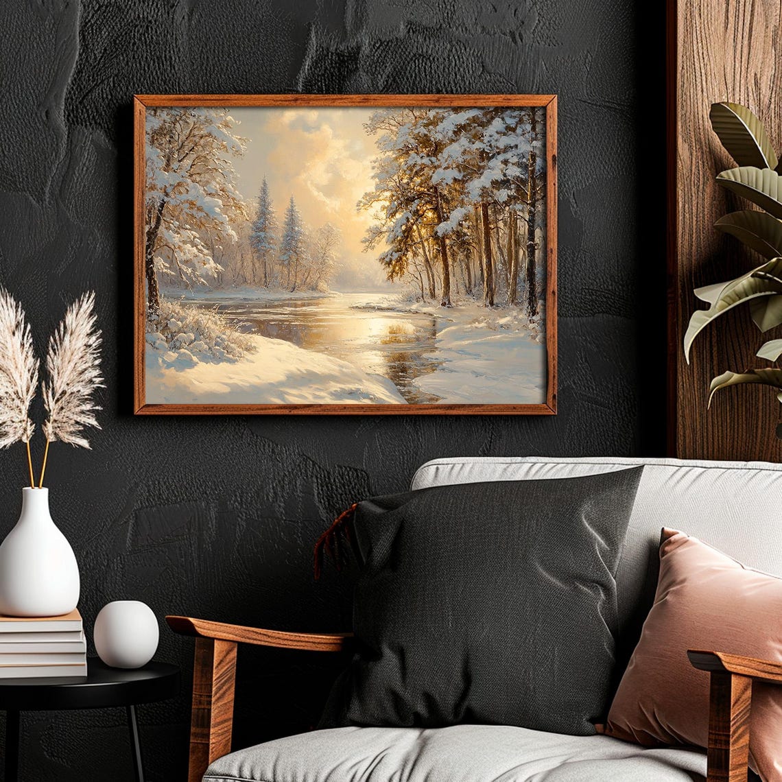 Snowy Winter Forest With Frozen River Golden Morning Light Wall Art - Image 2