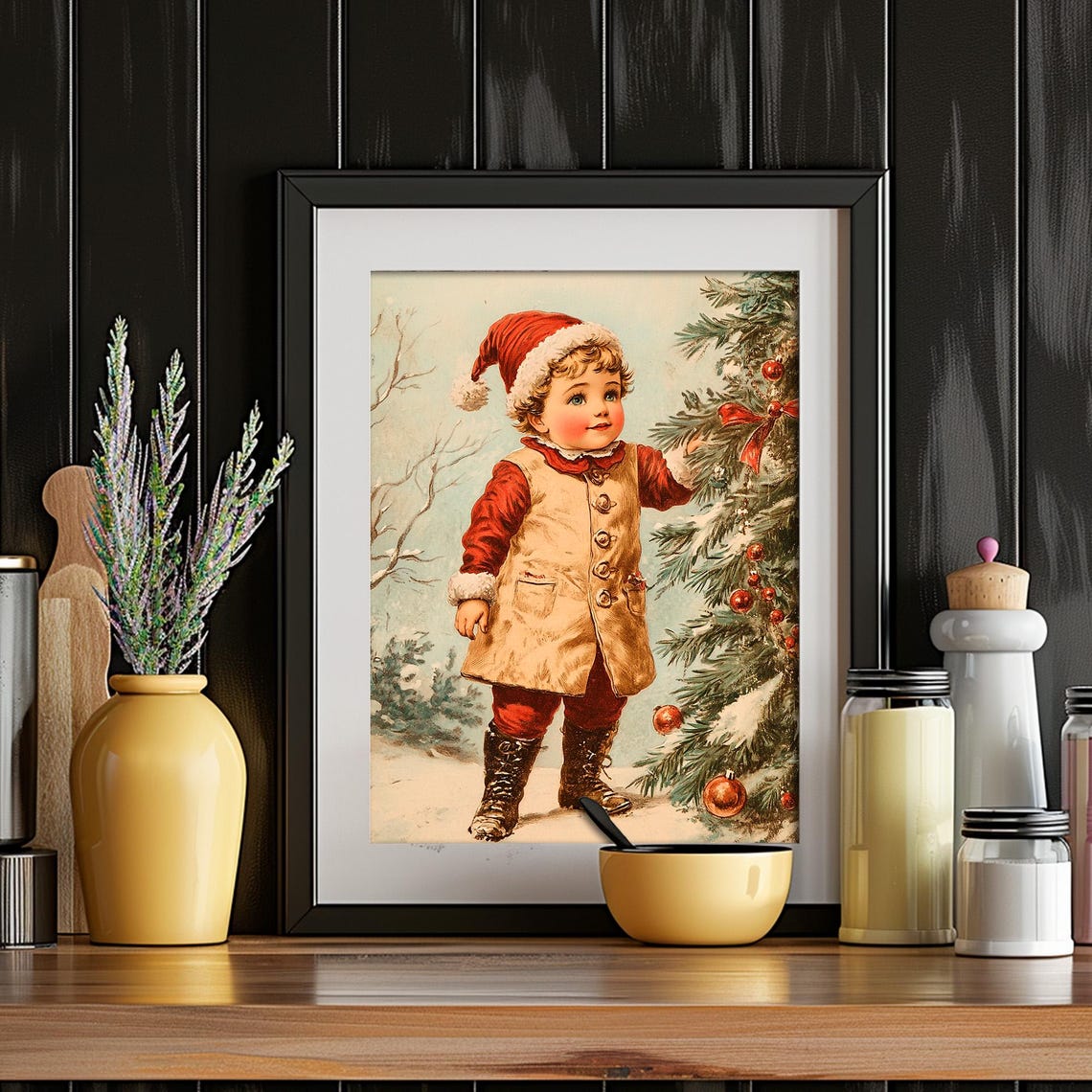 Retro Boy in Santa Hat Beside Decorated Christmas Tree Wall Art - Image 4