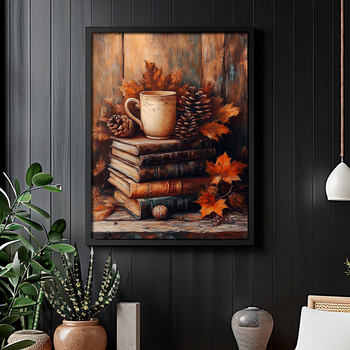 Rustic Fall Decor Wall Art Coffee Fall Book Stack Art Moody Wall Art Vintage Autumn Art Painting Dark Academia Thanksgiving Decor - Image 6
