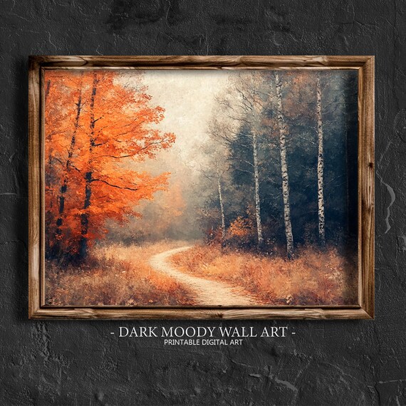 Misty Autumn Forest Path With Birch Trees Warm Orange Foliage Poster