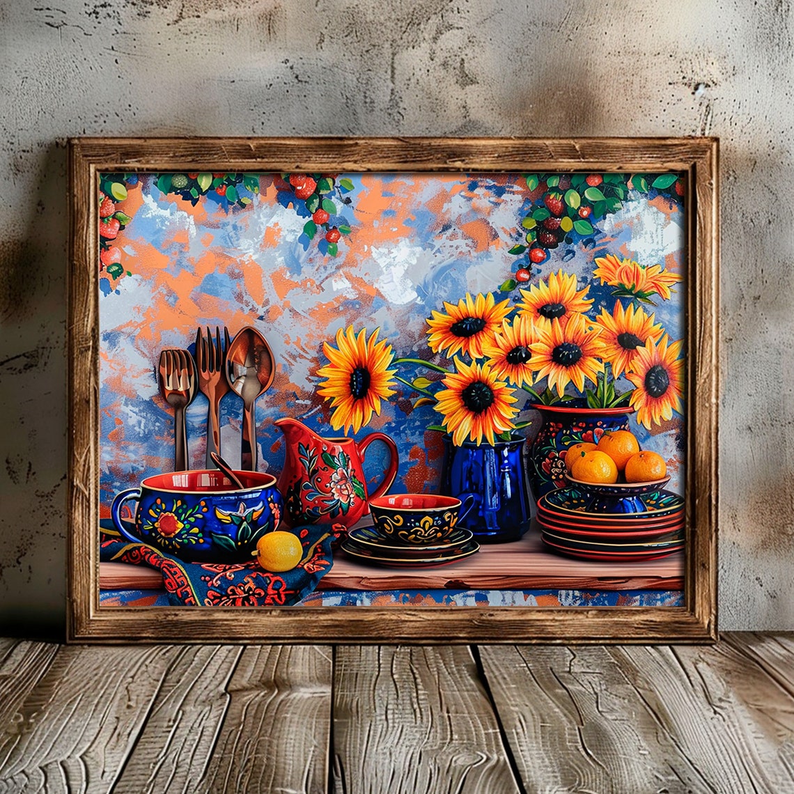 Talavera Pottery Sunflowers Oranges Folk Still Life Art Poster - Image 4