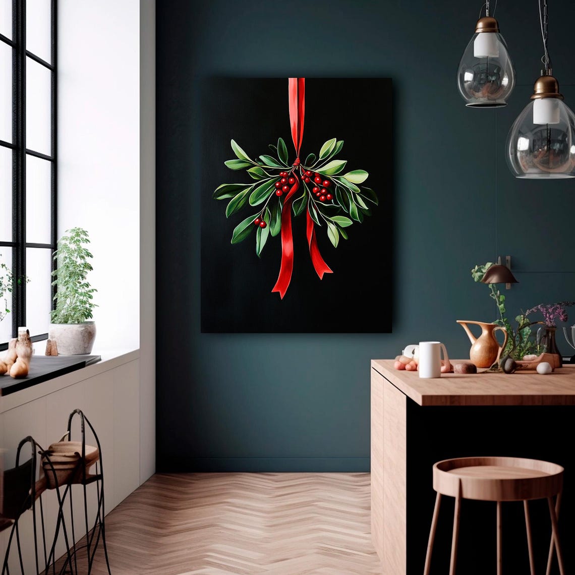 Vintage Holiday Greenery With Red Berries And Red Ribbon Wall Art - Image 4