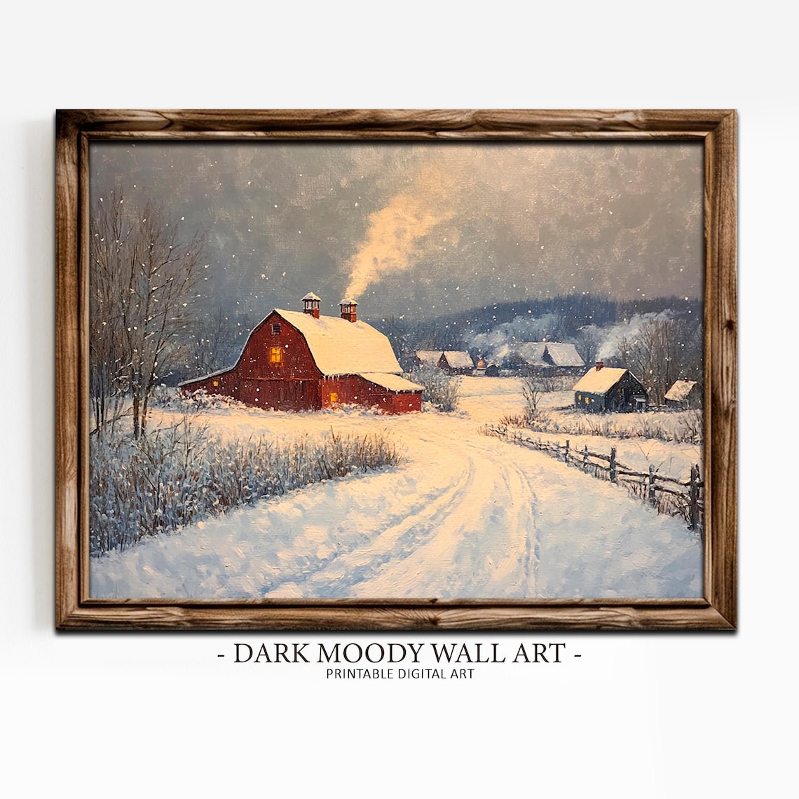 Winter Village Red Barn Art Print, Rustic Scene