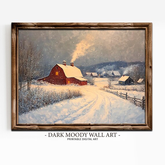 Winter Village Red Barn Art Print, Rustic Scene